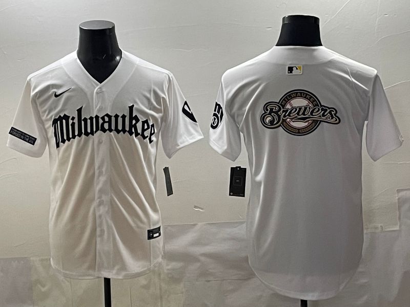 Men 2025 Milwaukee Brewers Blank White Five generations Joint Name Nike MLB Jersey style 04->women mlb jersey->Women Jersey